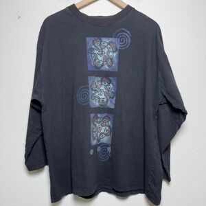 Blue Fish Women Cotton Top One Size Black Hand Painted Art to Wear Long Sleeve
